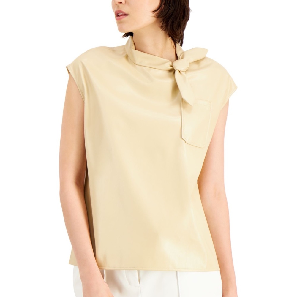 New ALFANI Faux Leather Beige Tie Neck Top